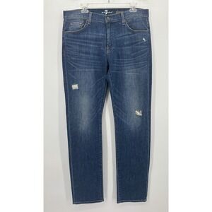 7 For All Mankind Men's Slimmy Jeans Size 36 x 32 Slim Fit Distressed Blue Denim